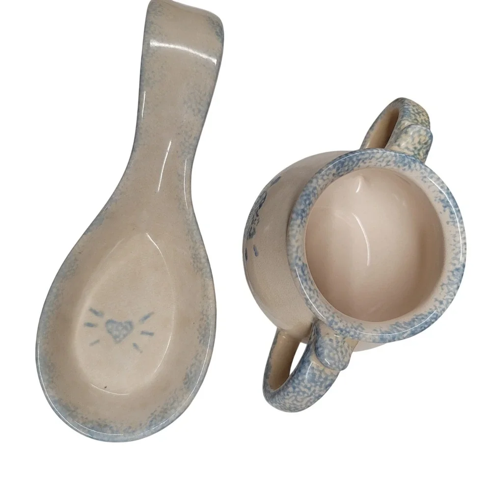 Loomco Blue Spongeware Heart Ceramic Sugar Bowl and Spoon Rest Set 90s Farmhouse